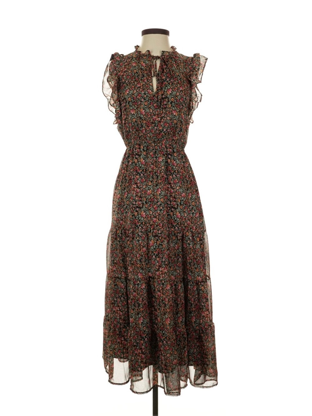 BB Dakota Black Floral Maxi Dress with Pink and Green Accents
